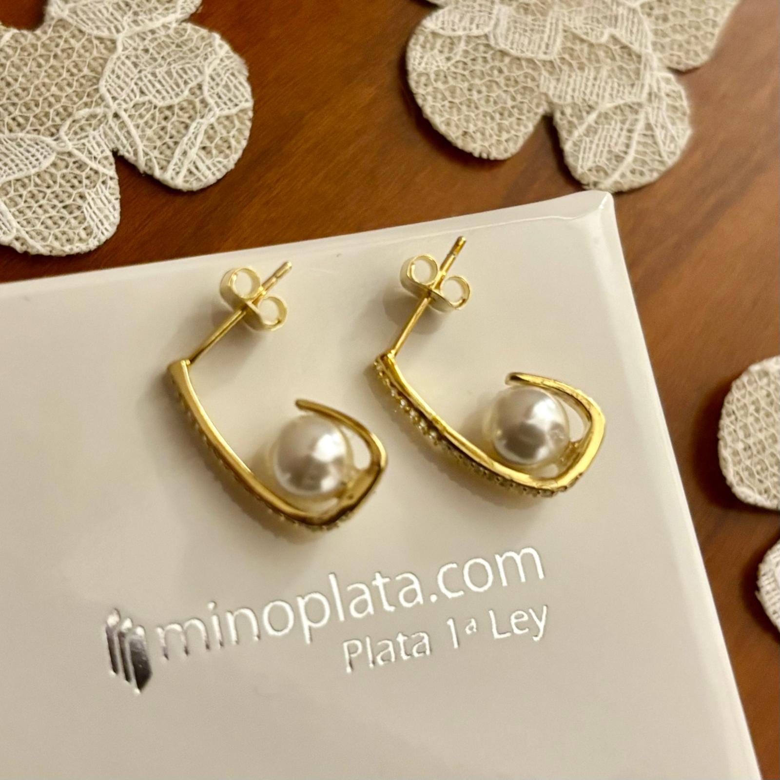 Pendientes aros de Plata chapada en Oro con Perlas y Circonitas 2