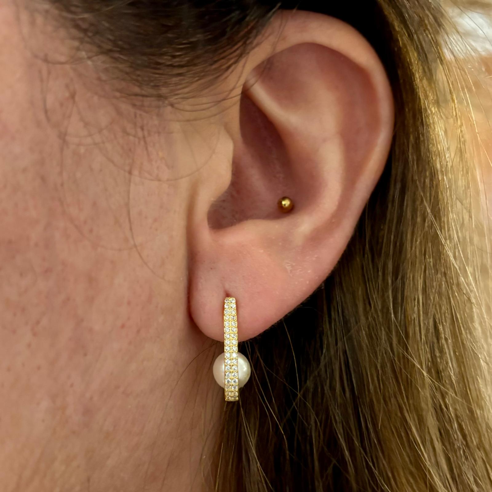 Pendientes aros de Plata chapada en Oro con Perlas y Circonitas 3