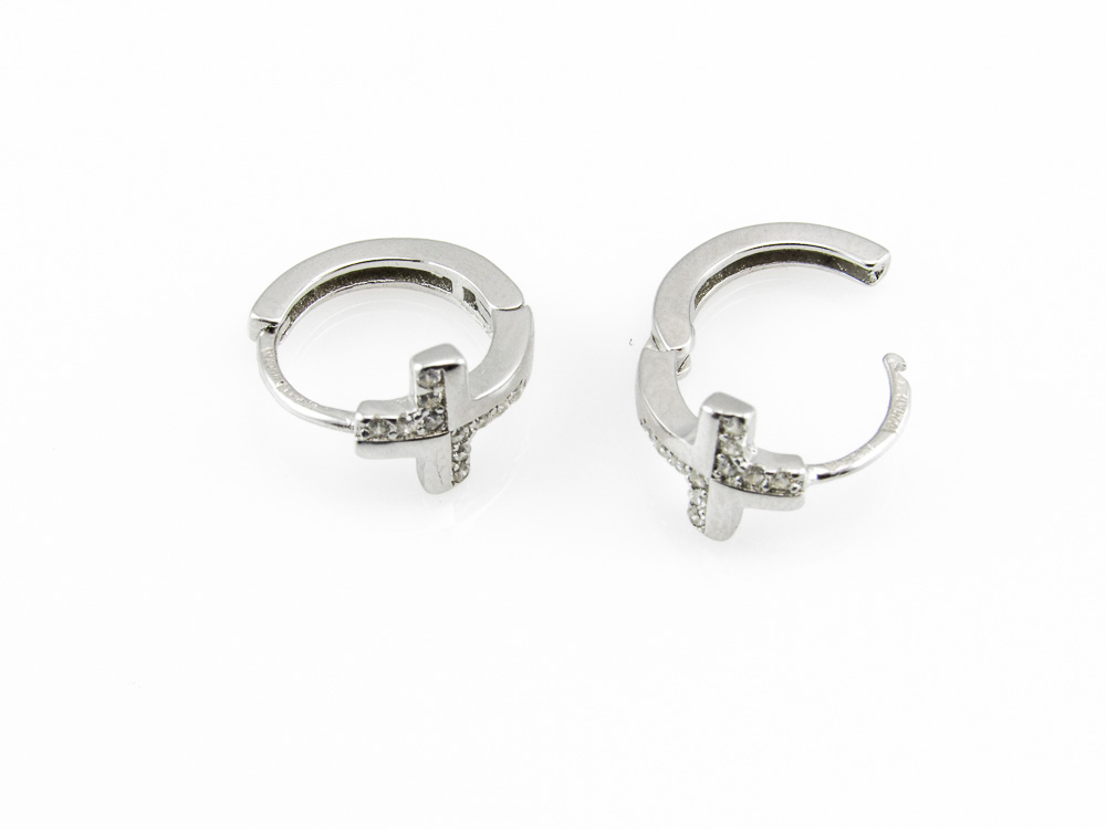 Pendientes aros de Plata rodiada cruz con Circonitas