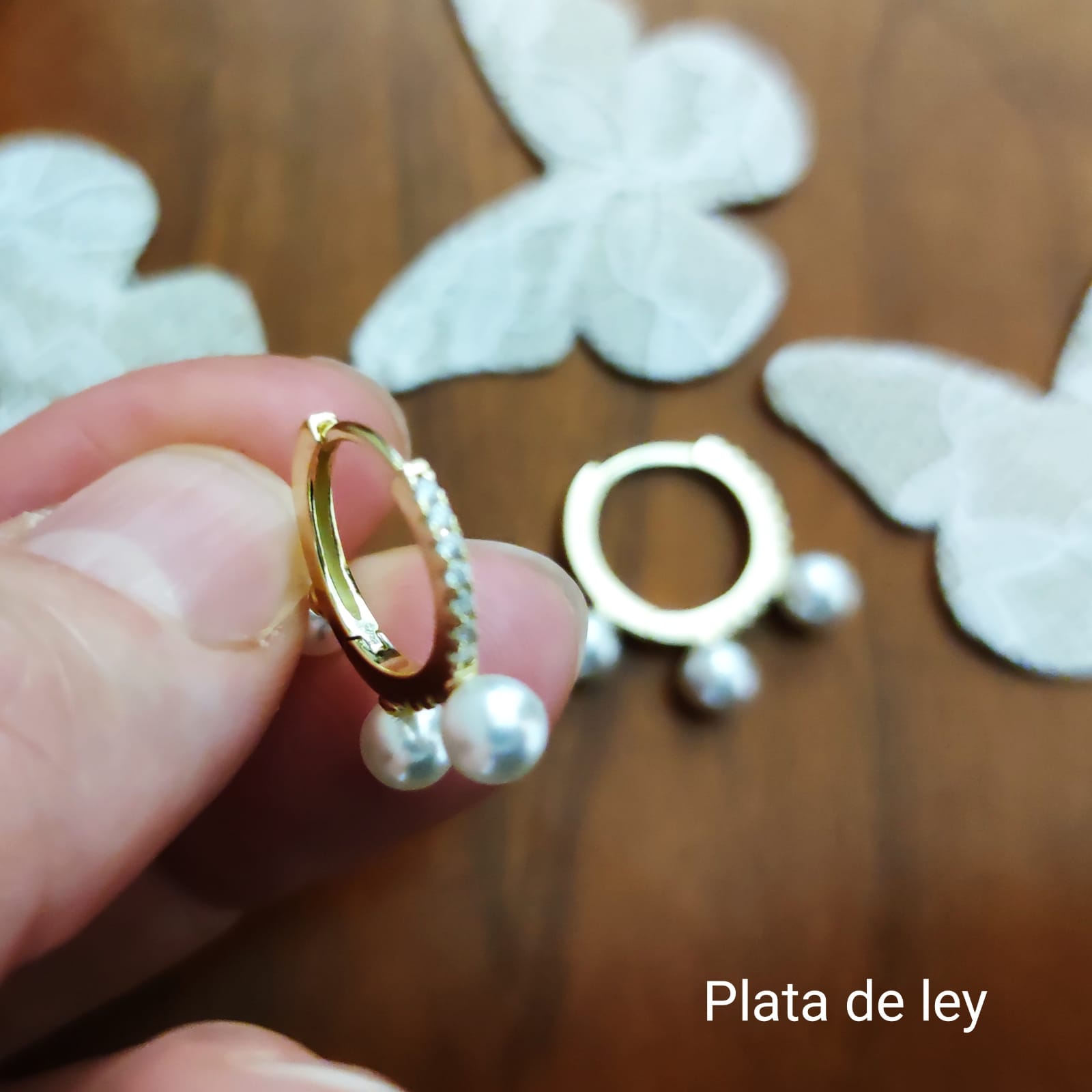 Pendientes Aros de Plata baño Oro 15 Mm. con Perlas cultivadas 2