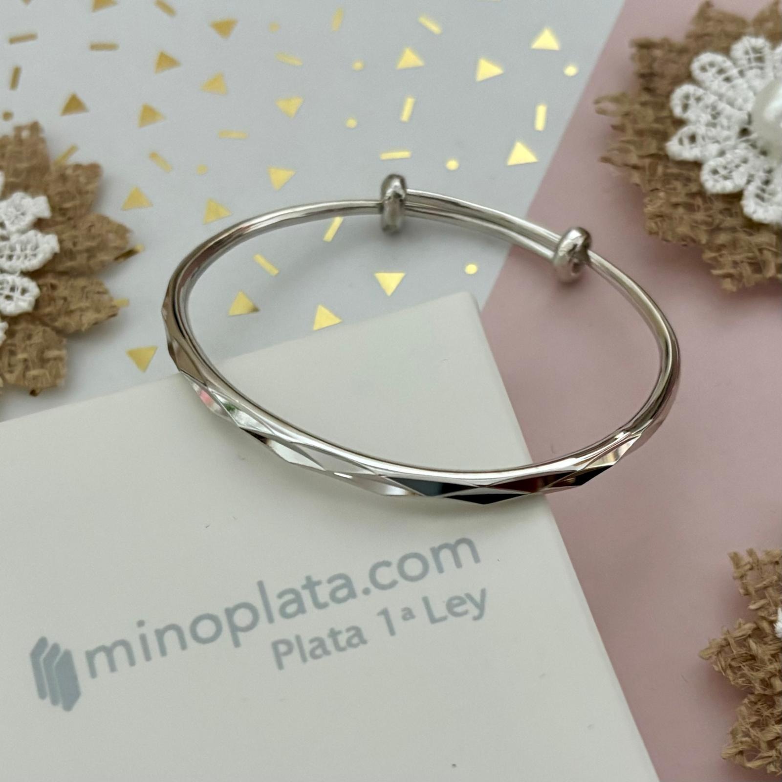 Pulsera media caña infantil ajustable de Plata de ley rodiada 1