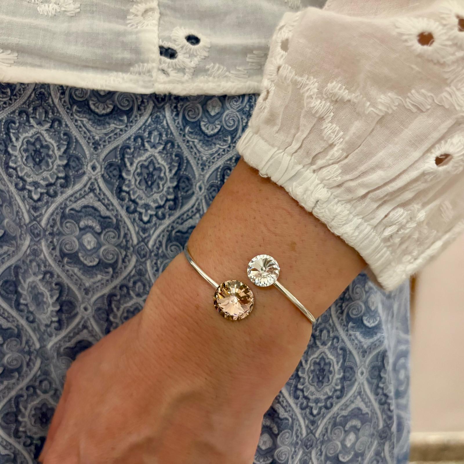 Pulsera brazalete flexible de Plata de ley 925 con Cristal SW blanco y nude 4