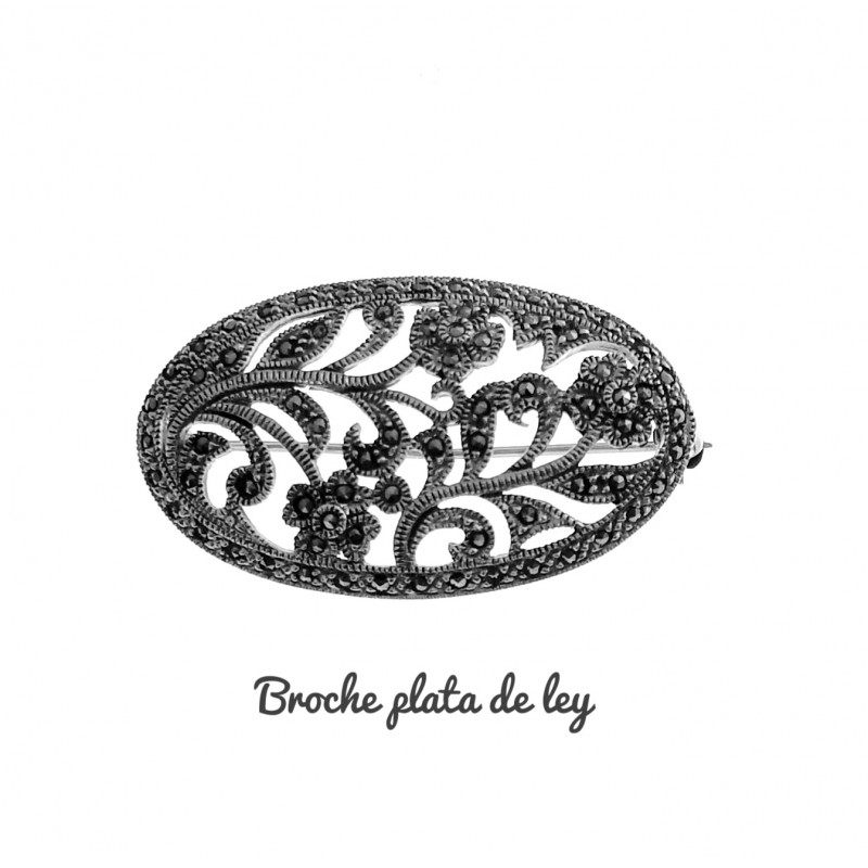 Broche flores caladas en Plata de ley vieja con Marcasitas
