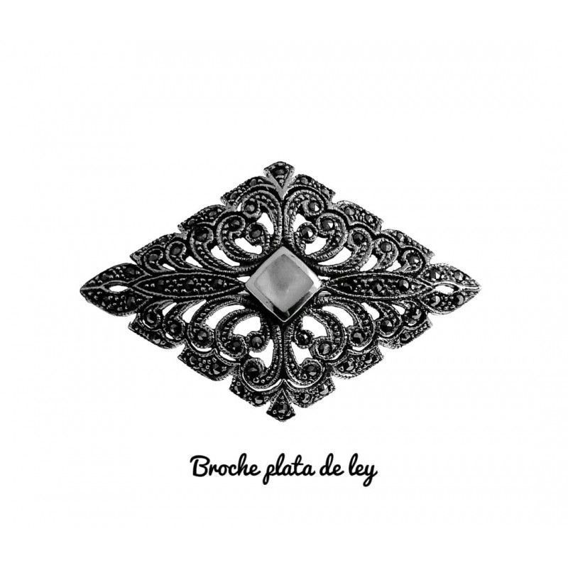 Broche de Plata de ley vieja con Marcasitas y Nácar blanco