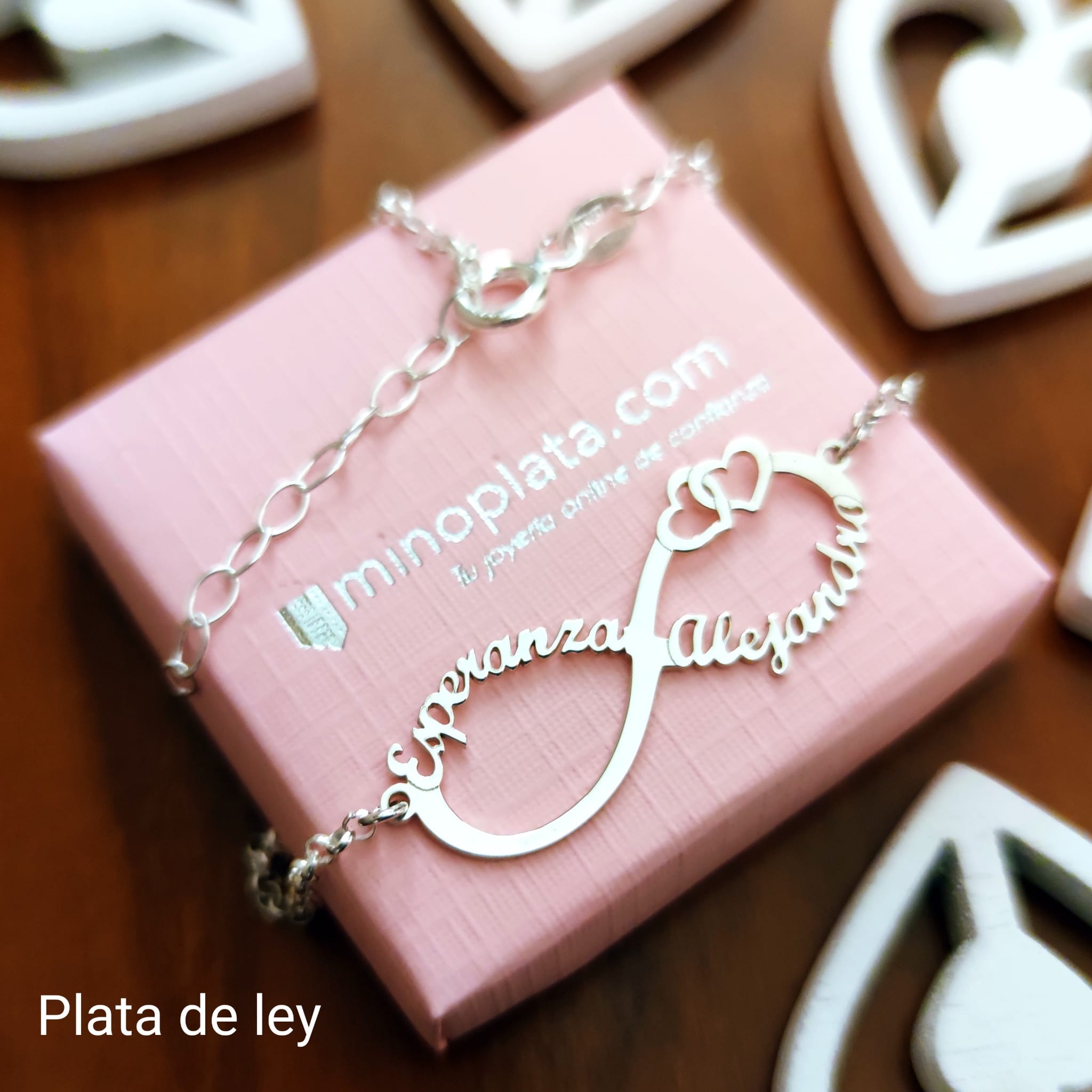 Gargantilla infinito corazones personalizada nombres de Plata