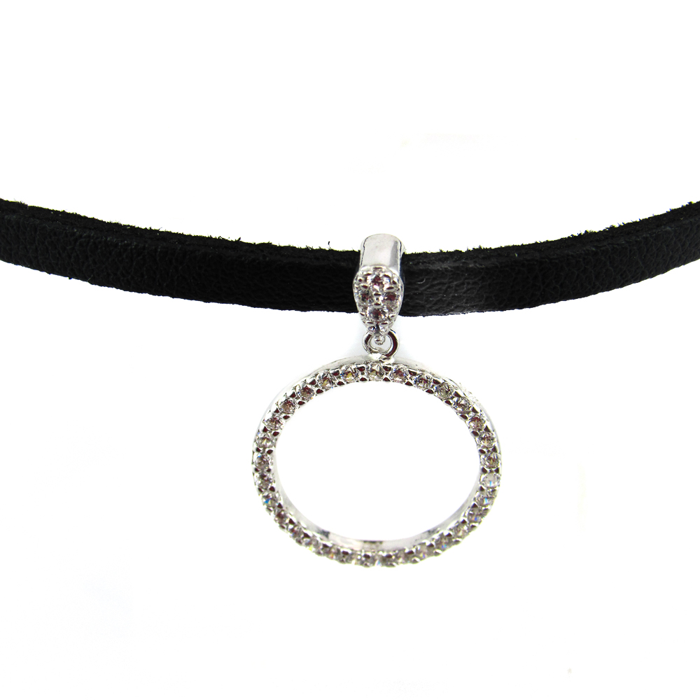 Choker en Piel negra con colgante círculo de Plata y Circonitas_1