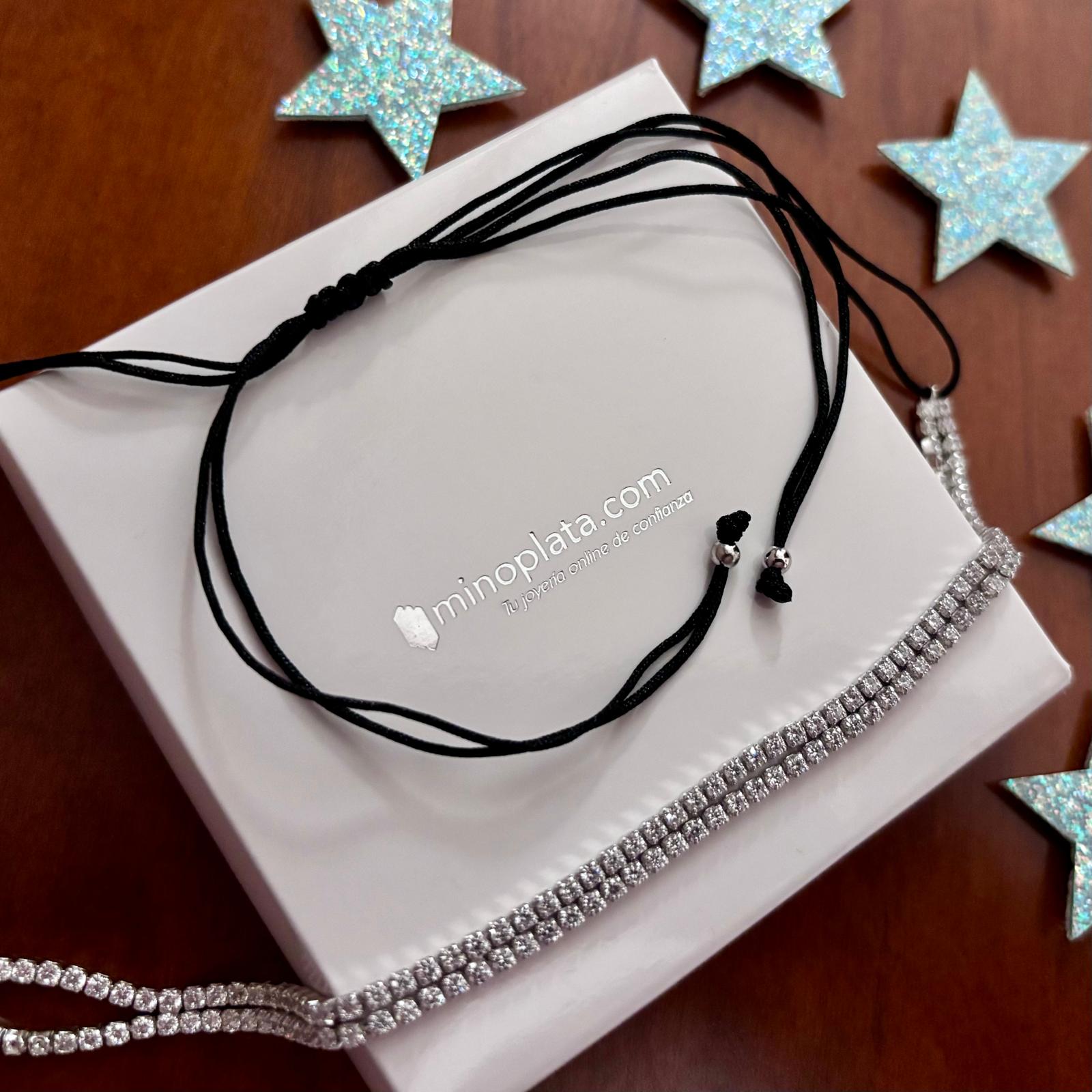 Choker de Plata rodiada con doble fila de Circonitas y cordón negro