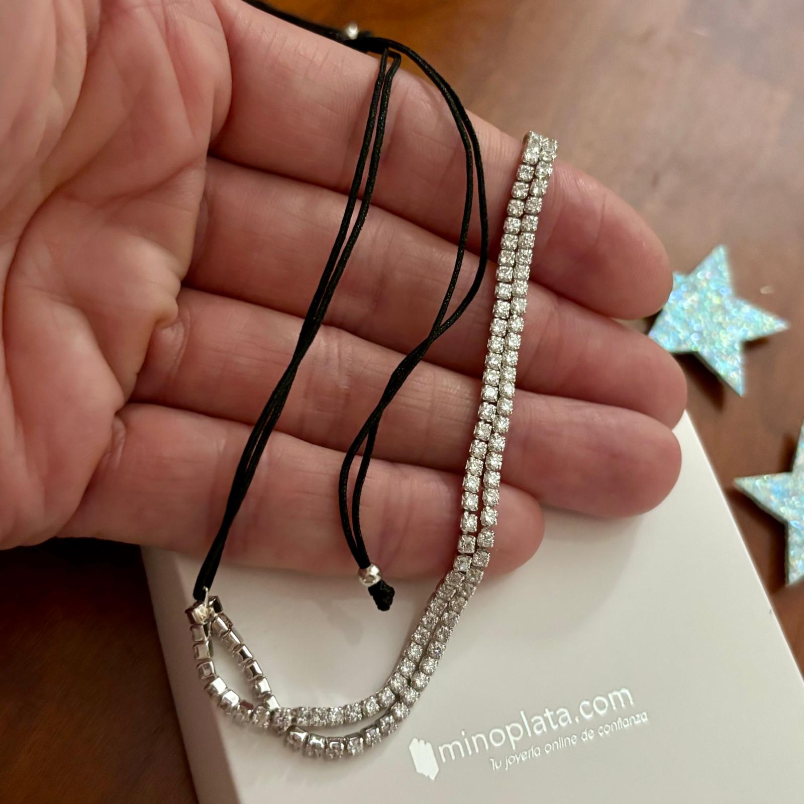 Choker de Plata rodiada con doble fila de Circonitas y cordón negro 2