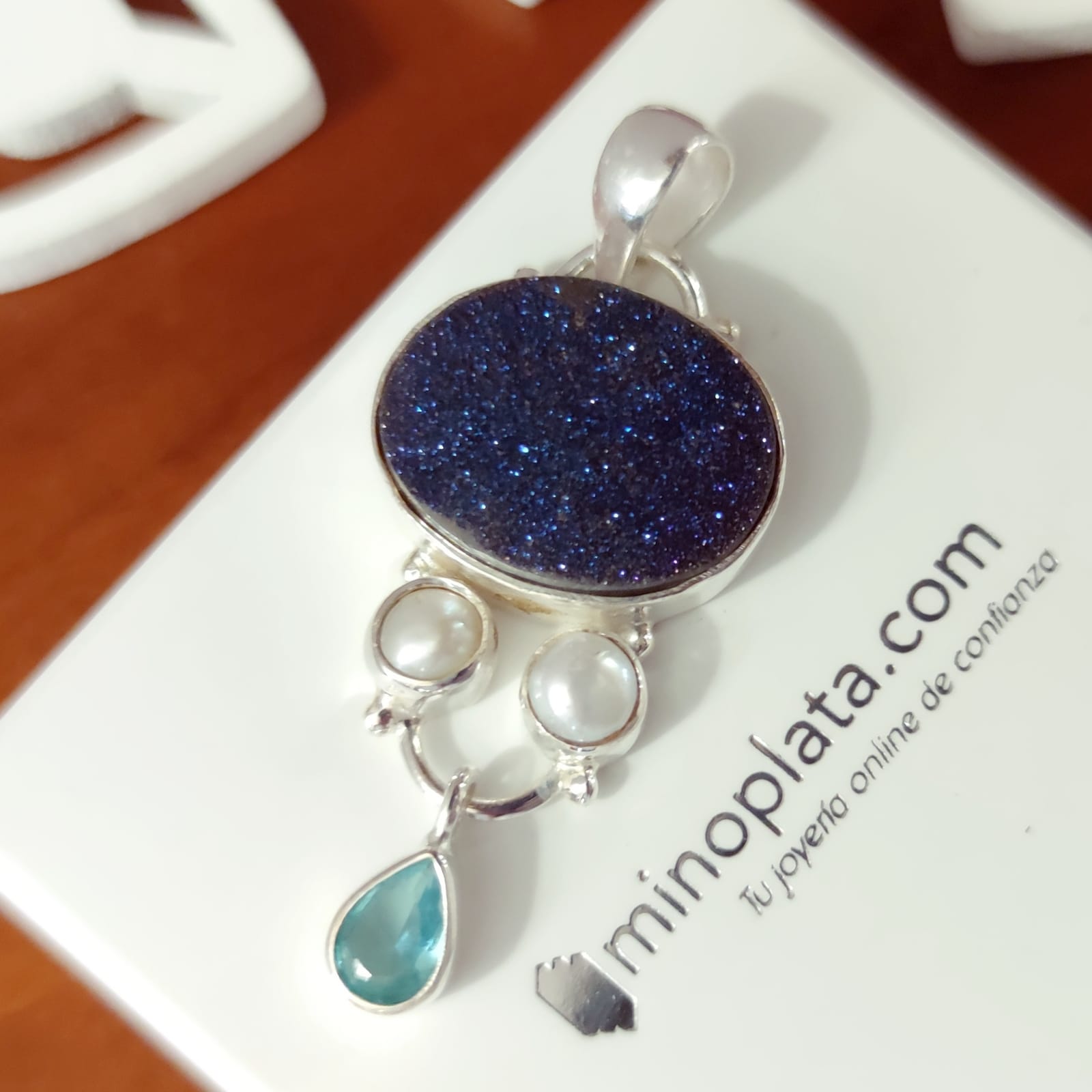 Colgante Ágata azul cobalto brillante, Topacio y Perlas en Plata 3