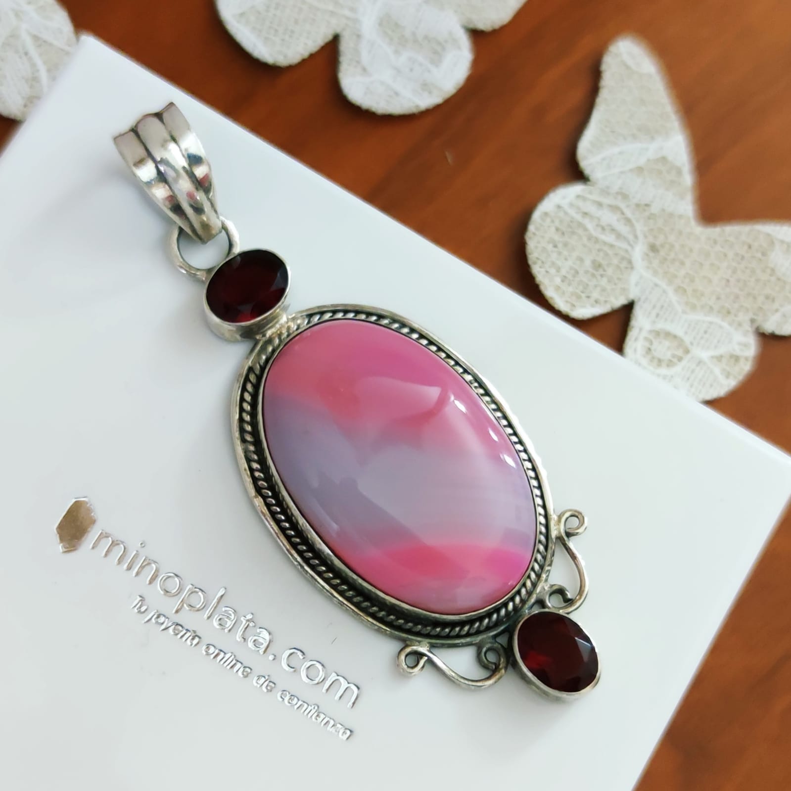 Colgante de Plata de ley vieja con piedras Ágata rosa y Rubí 1