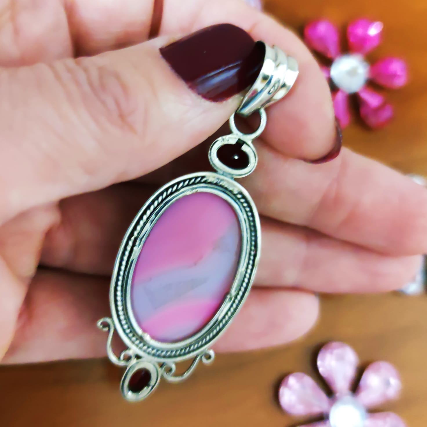 Colgante de Plata de ley vieja con piedras Ágata rosa y Rubí 2