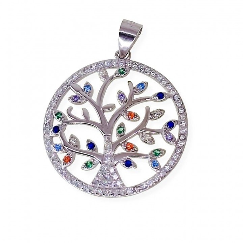 Colgante del Árbol de la vida en Plata rodiada Circonitas color