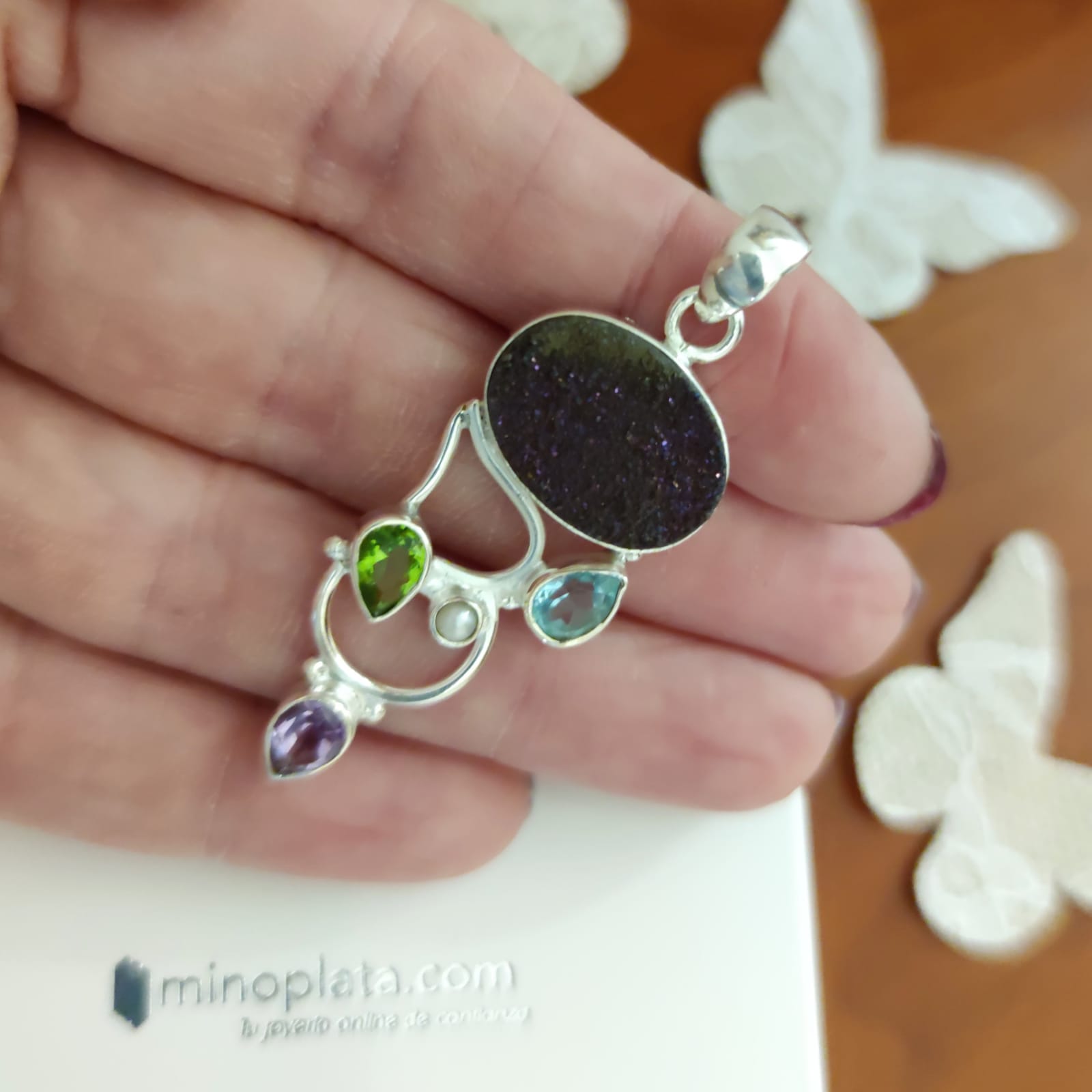 Colgante Azurita opaca y piedras multicolor en Plata de ley 1