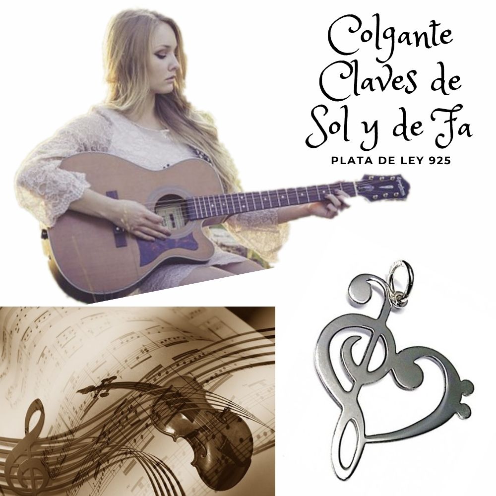 Colgante corazón claves de Sol y de Fa de Plata de ley 4