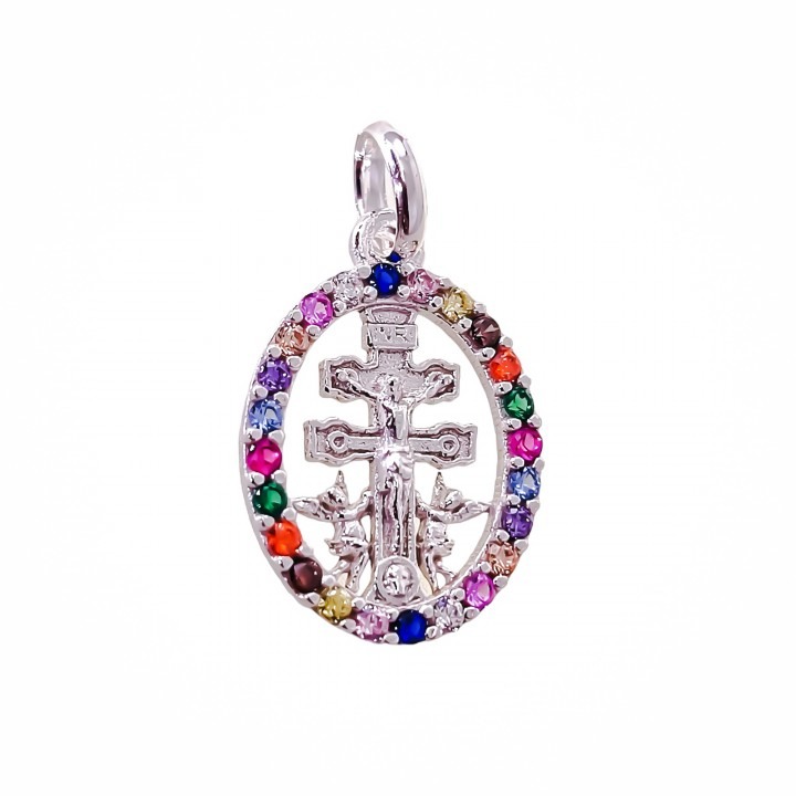 Colgante medalla Cruz de Caravaca de Plata de ley con Circonitas color