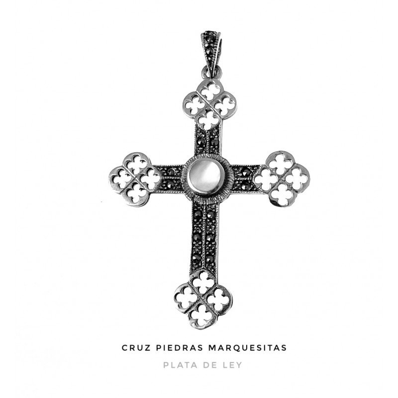 Crucifijo de Plata vieja calado con Marcasitas y Nácar blanco