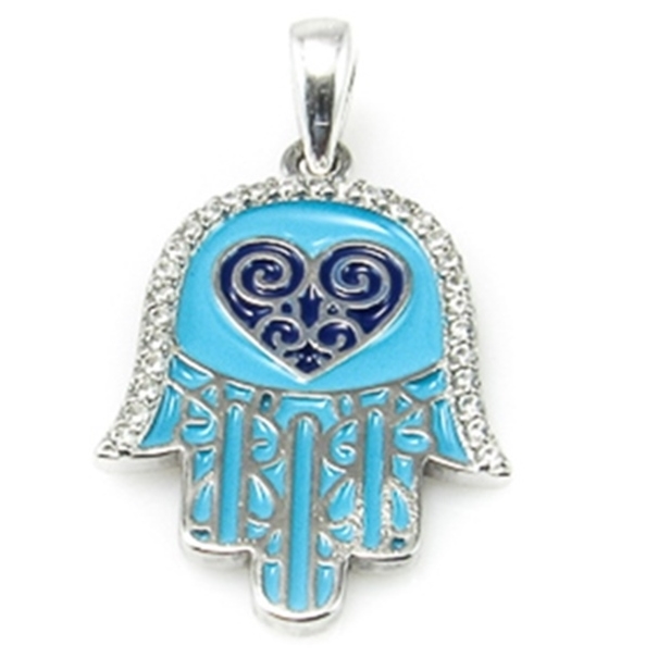 Colgante azul claro de la Mano de Fátima de Plata y Circonitas