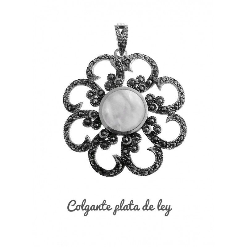 Colgante flor calada de Plata vieja con Marcasitas y Nácar