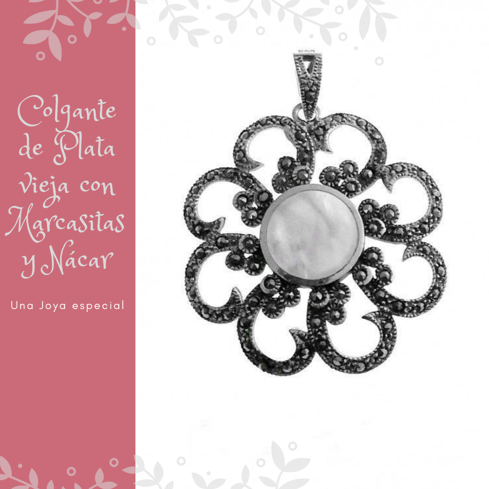 Colgante flor calada de Plata vieja con Marcasitas y Nácar 1