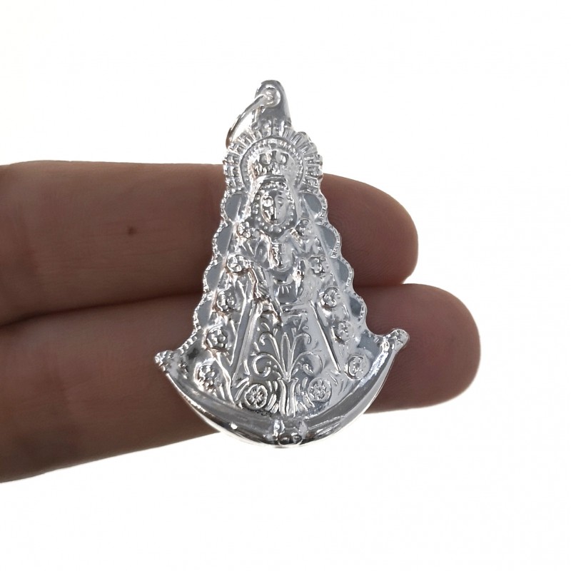 Medalla silueta grande de la Virgen del Rocío en Plata de ley 925 4cm