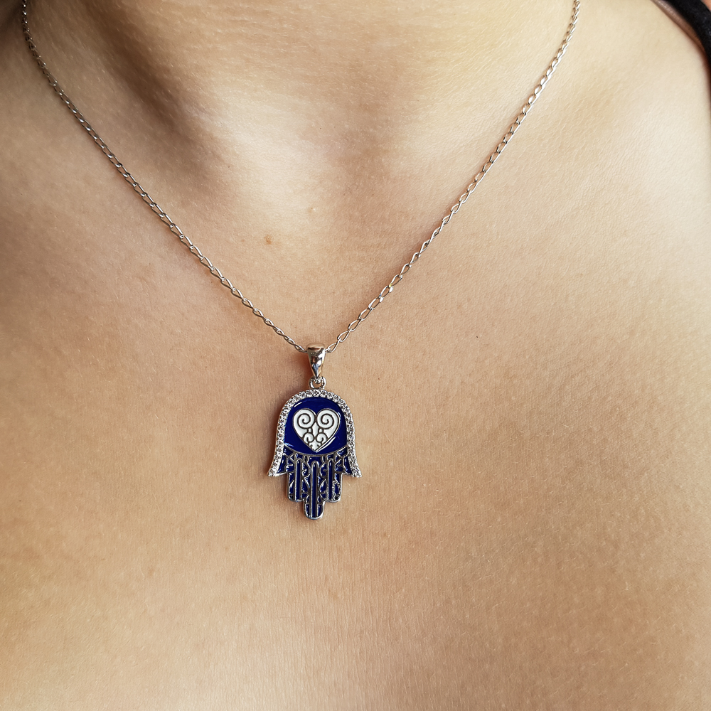 Colgante Mano de Fátima azul oscuro Plata de ley con Circonitas 1