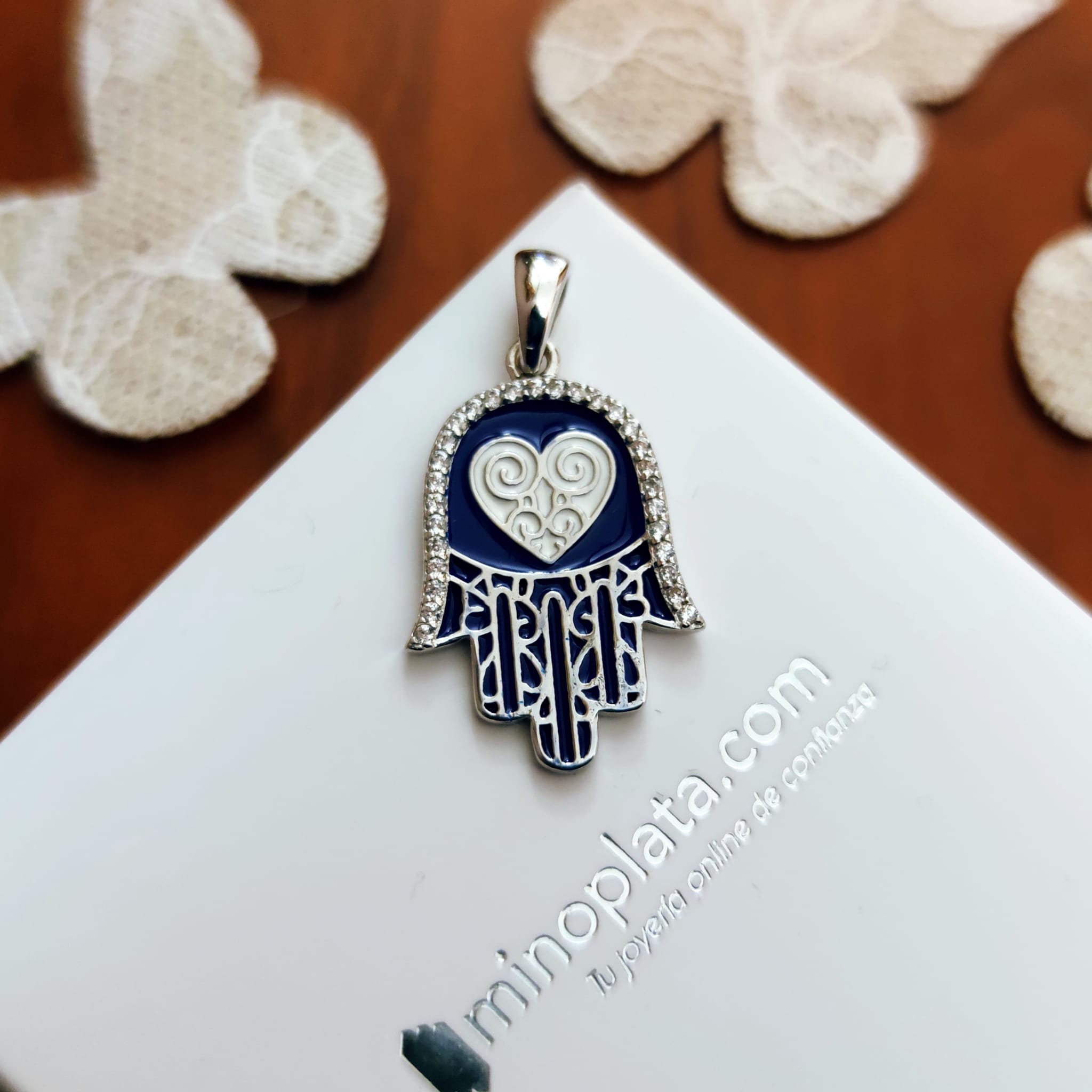 Colgante Mano de Fátima azul oscuro Plata de ley con Circonitas 2