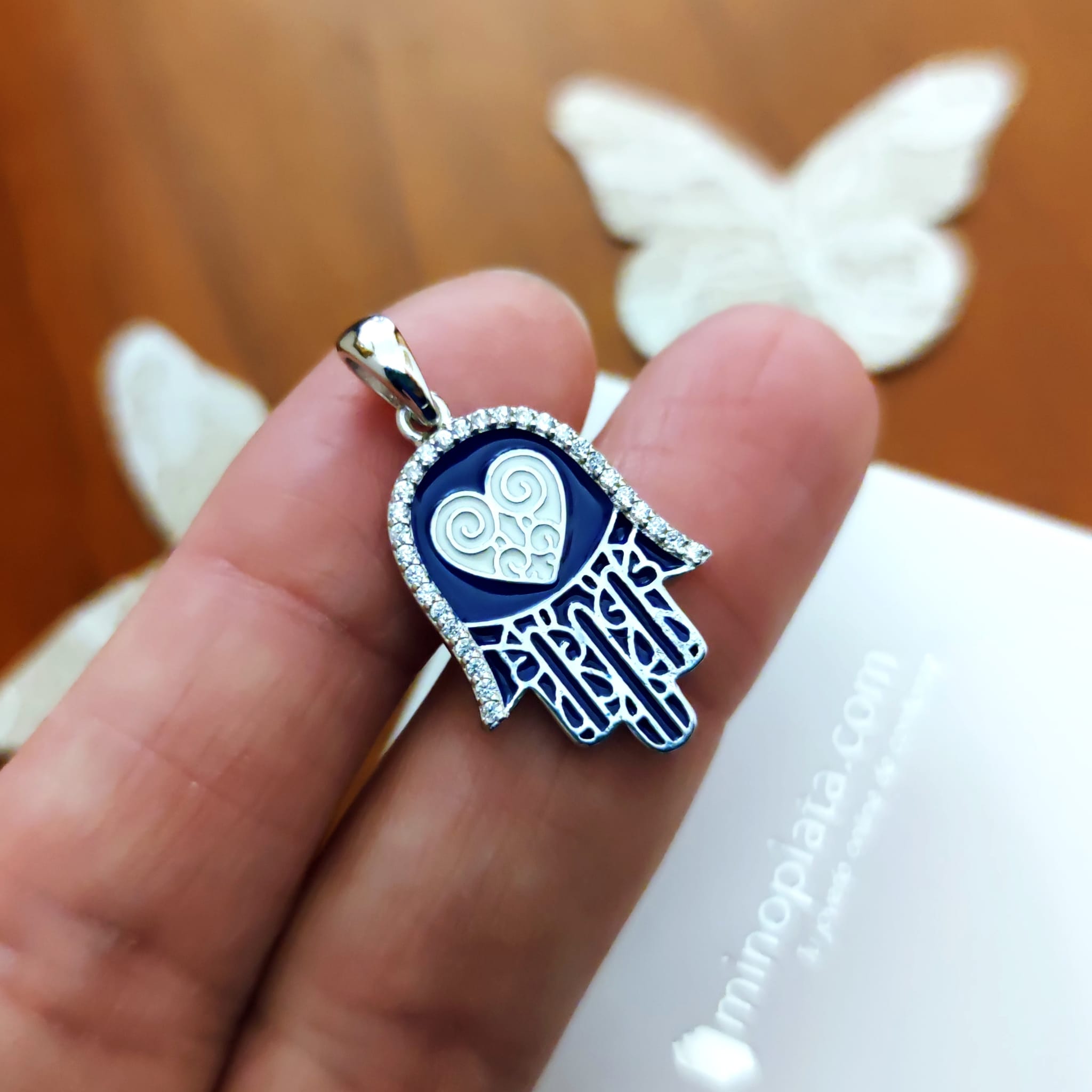 Colgante Mano de Fátima azul oscuro Plata de ley con Circonitas 3