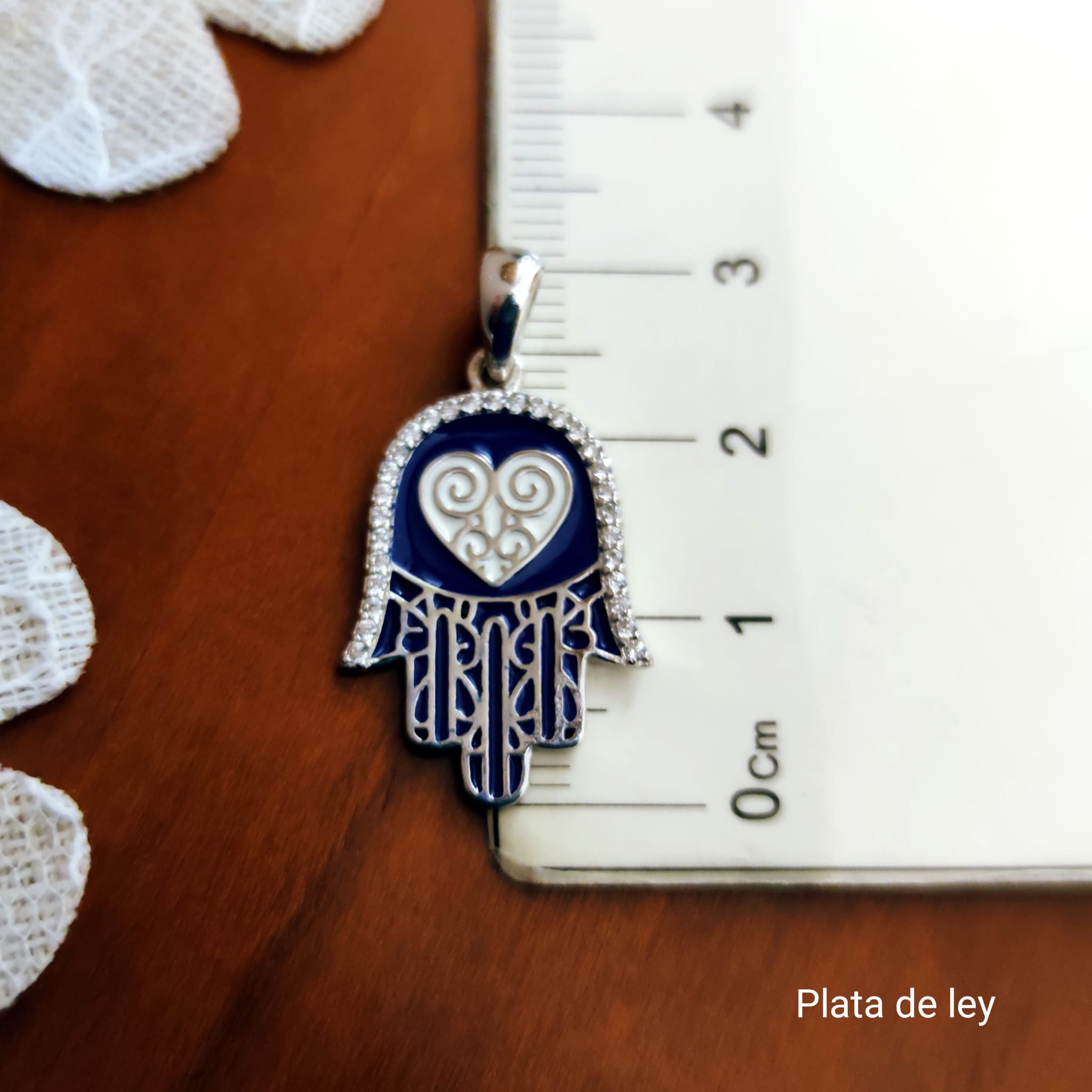 Colgante Mano de Fátima azul oscuro Plata de ley con Circonitas 4