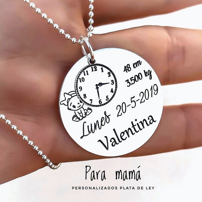 Colgante nacimiento personalizado de Plata de ley 30 Mm.