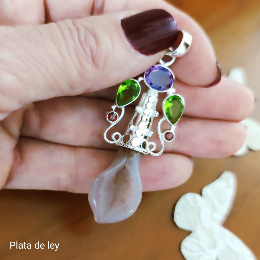 Colgante Ágata rosa y piedras colores en Plata de ley 1
