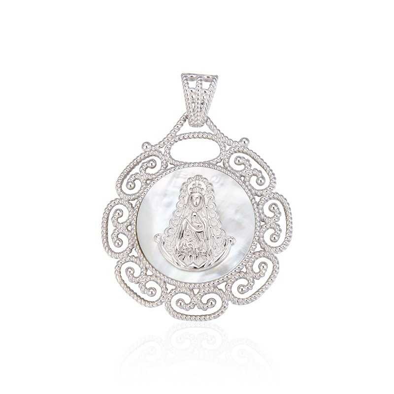 Medalla Virgen del Rocío cerco calado de Plata y Nácar 63mm