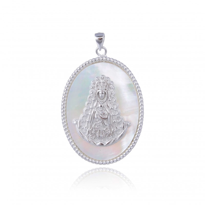 Medalla ovalada Virgen del Rocío en Plata rodiada y Nácar