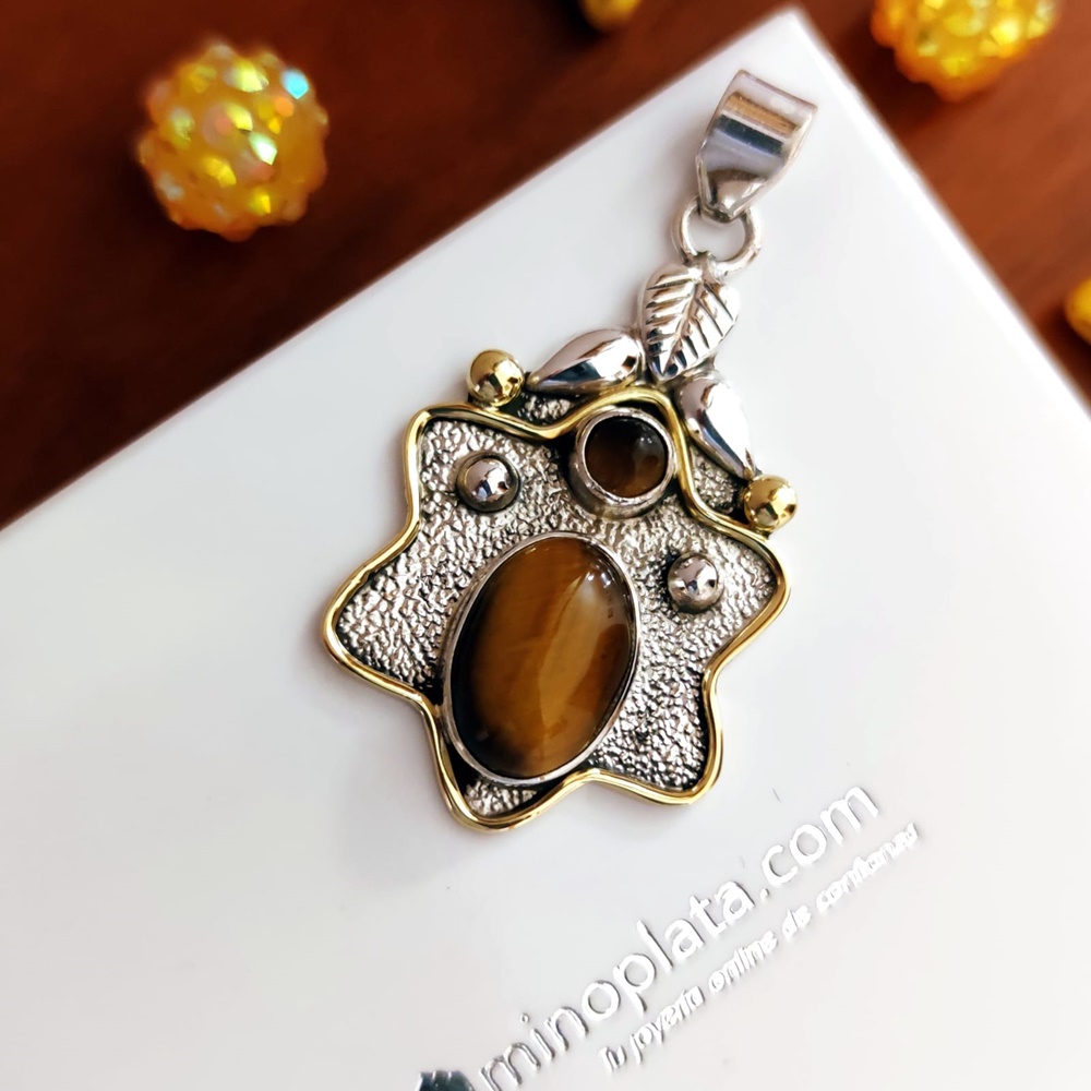 Colgante estrella de Plata de ley bicolor y Piedra Ojo de Tigre 2