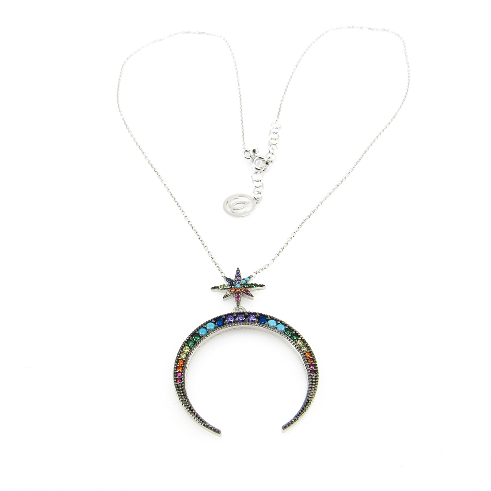 Gargantilla luna y estrella multicolor de Plata rodiada