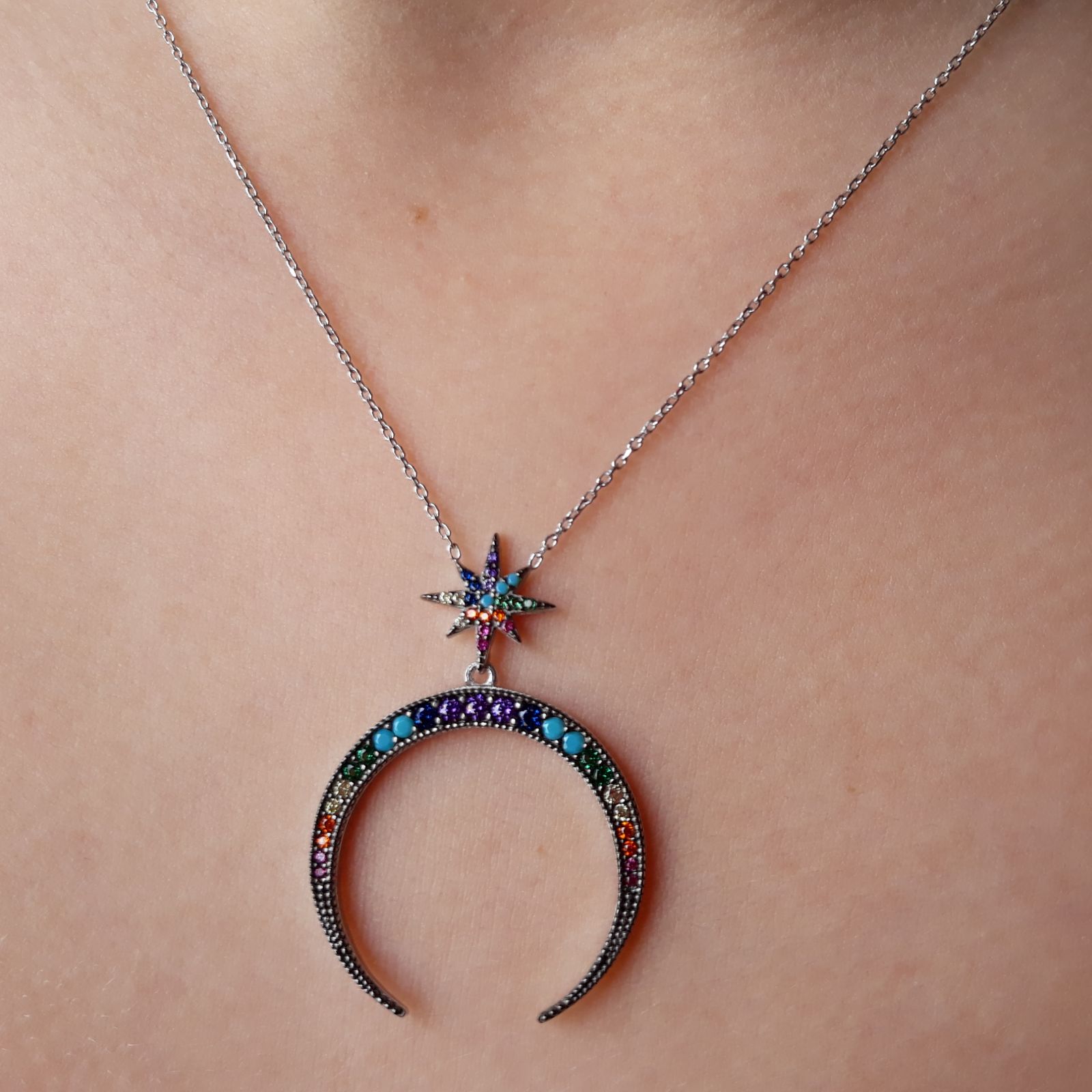 Gargantilla luna y estrella multicolor de Plata rodiada 1