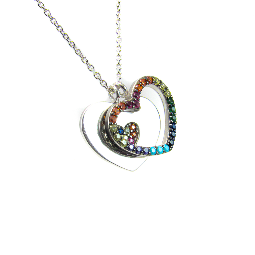 Gargantilla doble corazón multicolor de Plata de ley rodiada