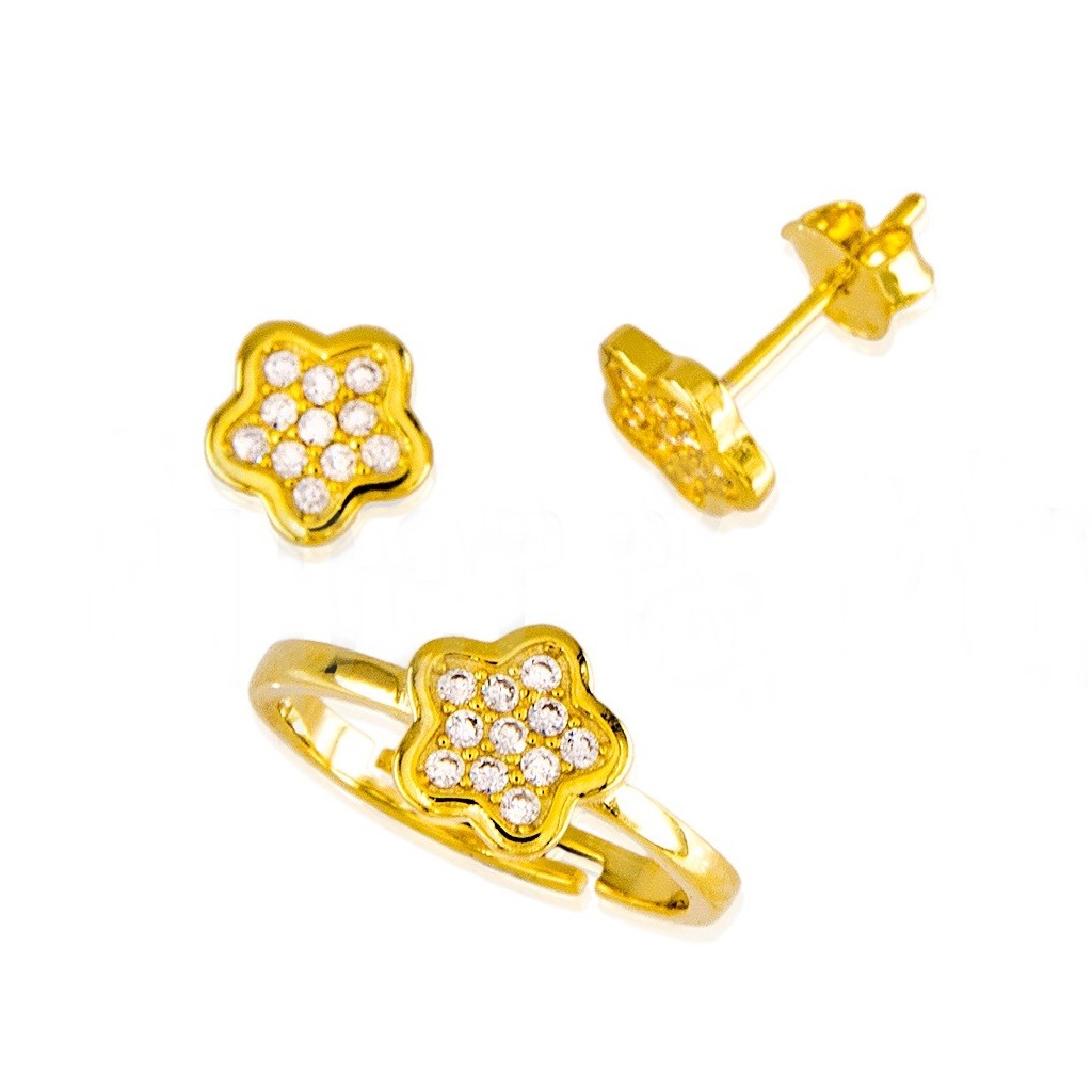 Conjunto Pendientes y Anillo ajustable flor de Plata de ley chapada en Oro con Circonitas para niña