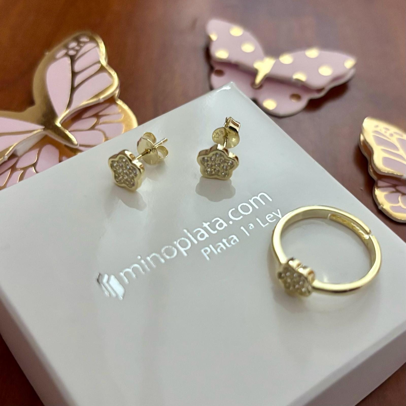 Conjunto Pendientes y Anillo ajustable flor de Plata de ley chapada en Oro con Circonitas para niña 1