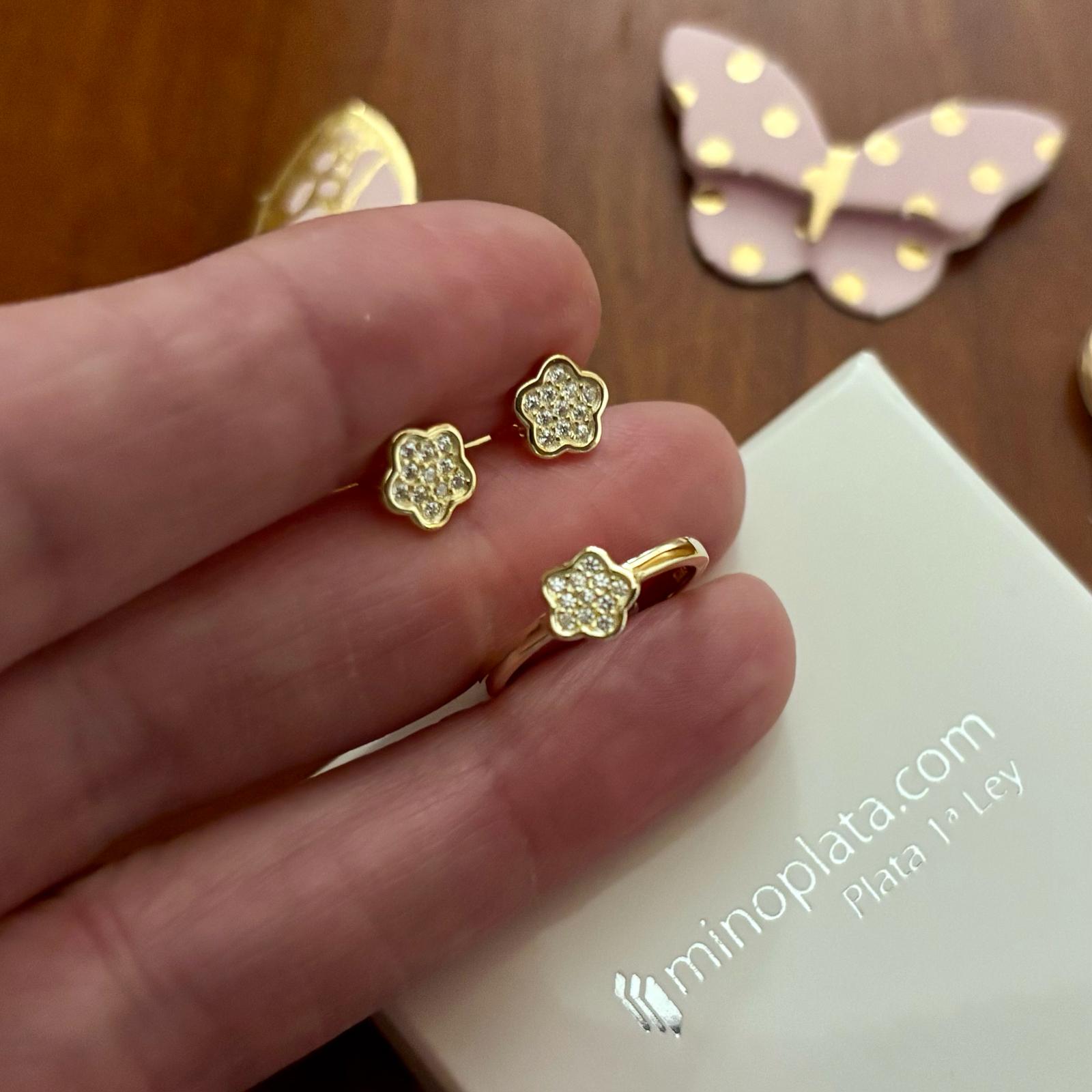 Conjunto Pendientes y Anillo ajustable flor de Plata de ley chapada en Oro con Circonitas para niña 3