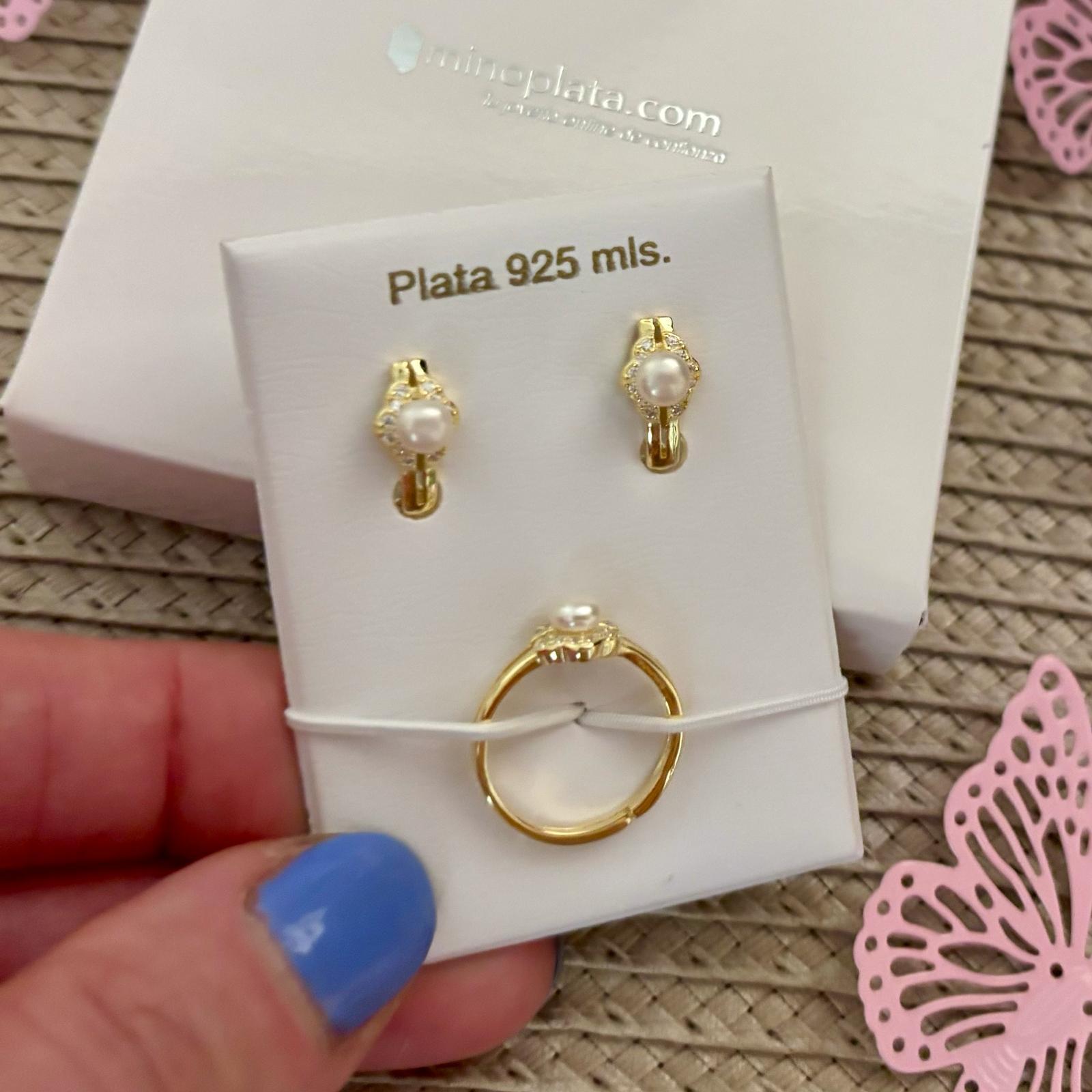 Juego infantil de Pendientes y Anillo ajustable Plata dorada con Perlas cultivadas y Circonitas
