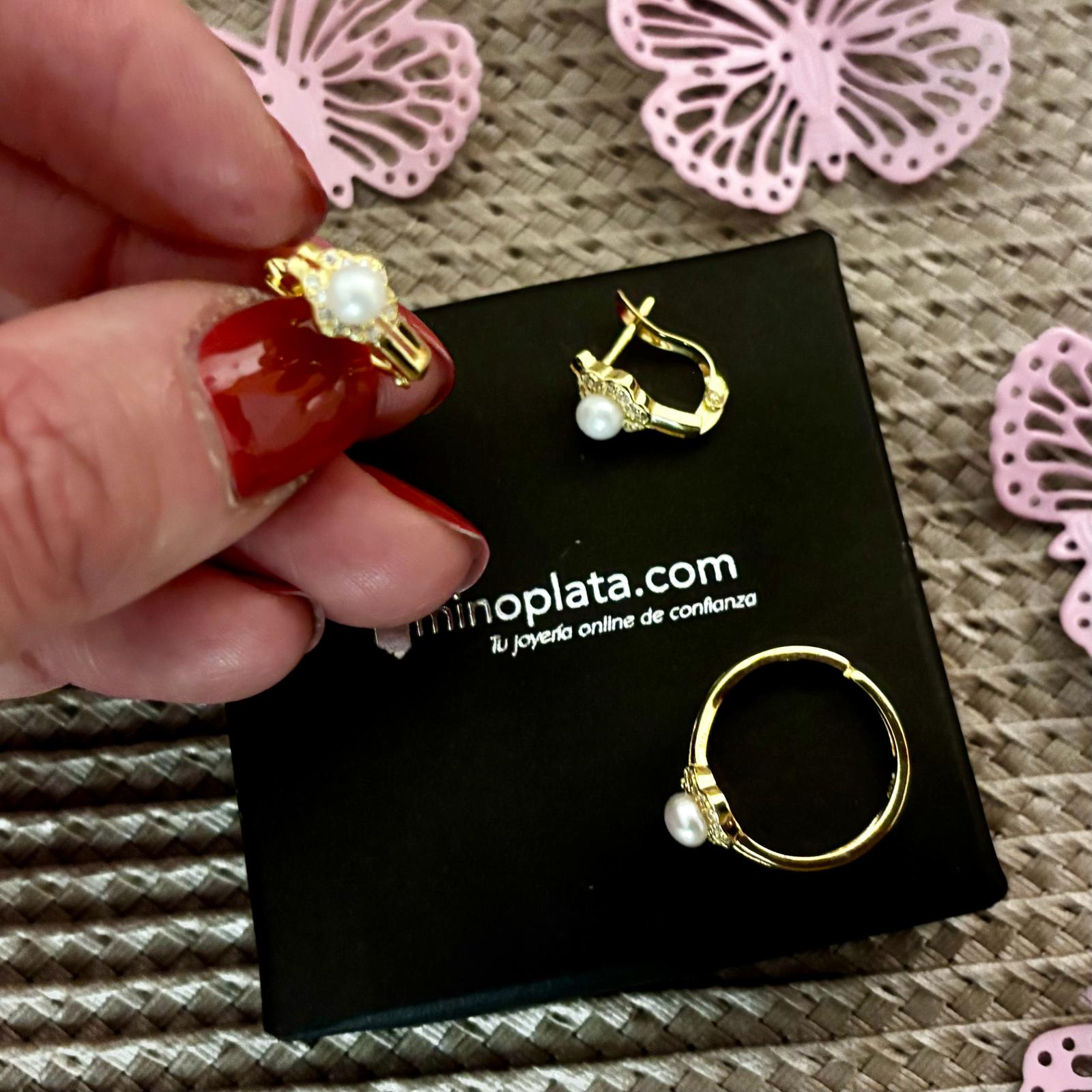 Juego infantil de Pendientes y Anillo ajustable Plata dorada con Perlas cultivadas y Circonitas 2