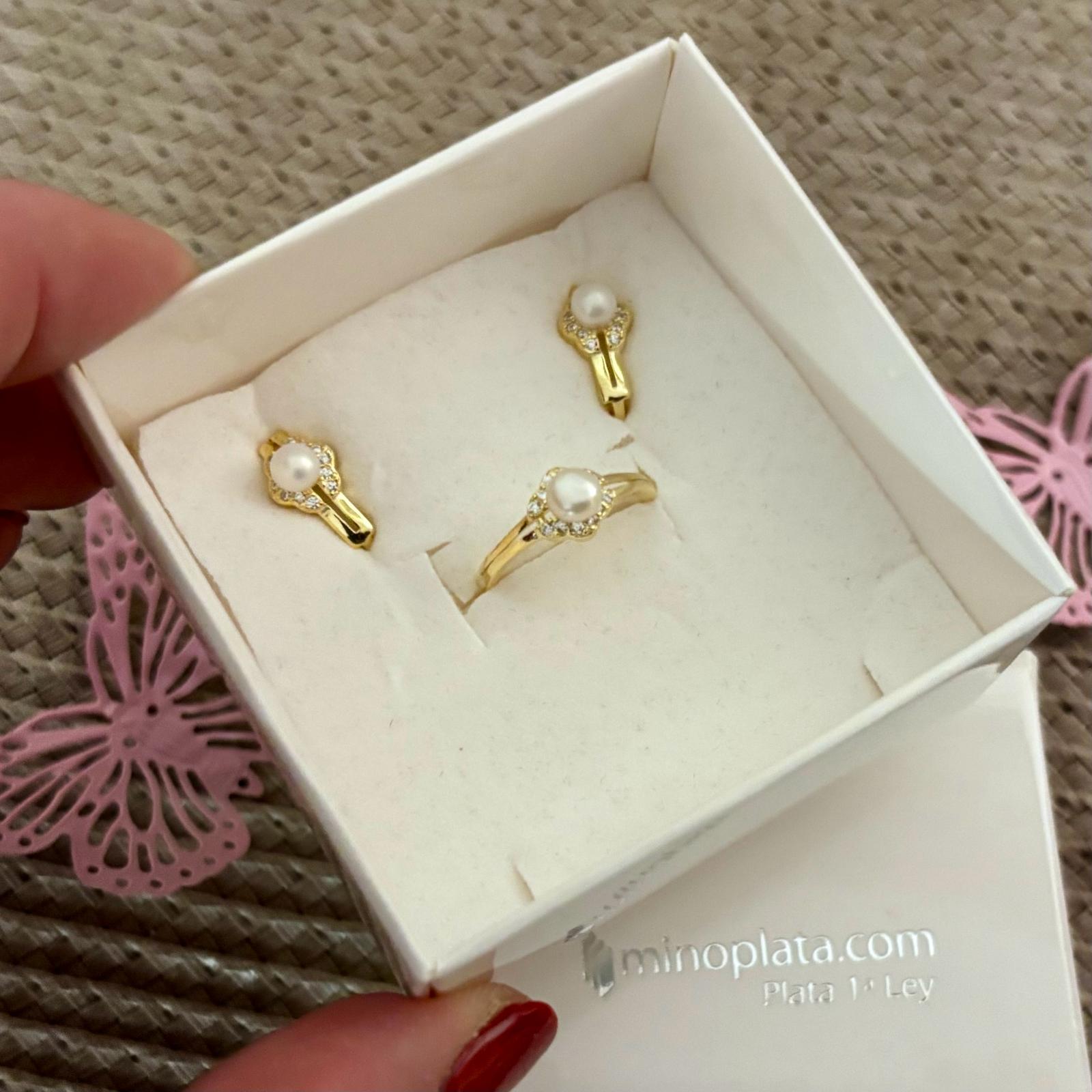 Juego infantil de Pendientes y Anillo ajustable Plata dorada con Perlas cultivadas y Circonitas 3