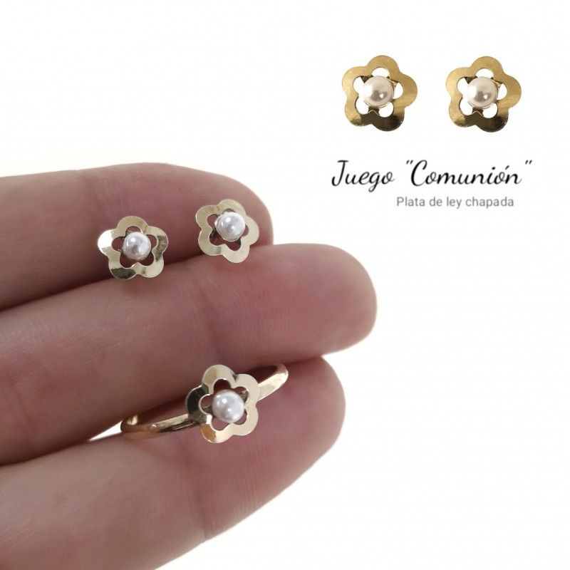 Juego Pendientes y Anillo flor de Plata dorada con Perla niña