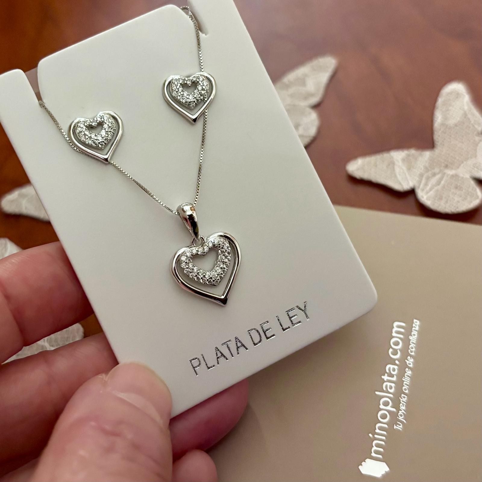 Conjunto corazones de Plata de ley rodiada y Circonitas