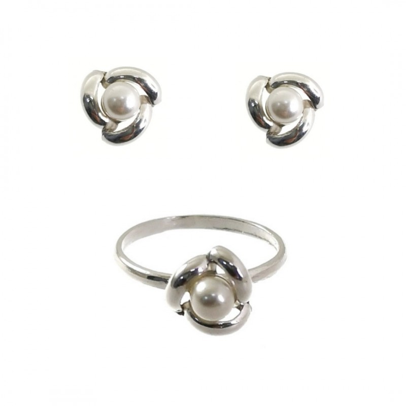 Conjunto de Pendientes y Sortija infantil de Plata con Perla