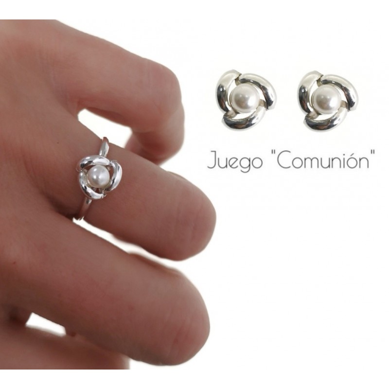 Conjunto de Pendientes y Sortija infantil de Plata con Perla 1
