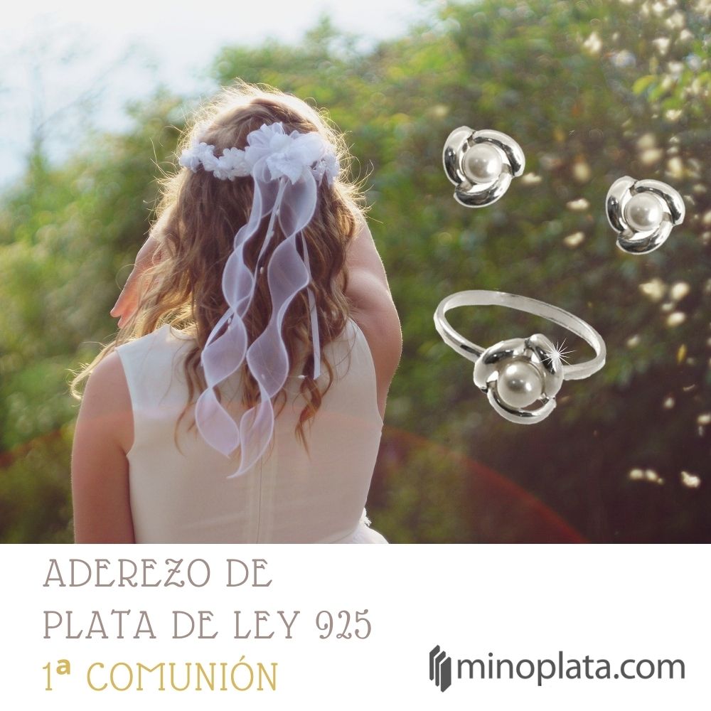 Conjunto de Pendientes y Sortija infantil de Plata con Perla 4
