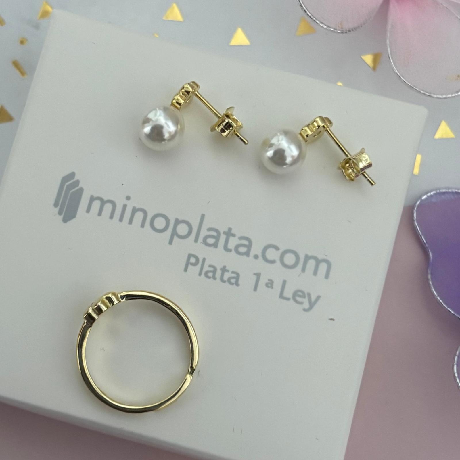 Juego infantil flor Pendientes y Anillo ajustable de Plata dorada con Perlas Cultivadas y Circonitas 2