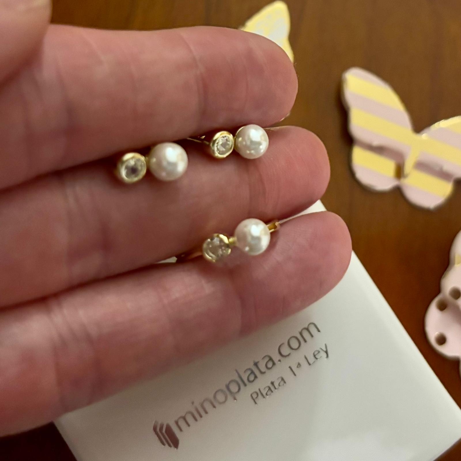 Juego Pendientes y Anillo ajustable de Plata chapada en Oro con Perlas cultivadas y Circonitas 3