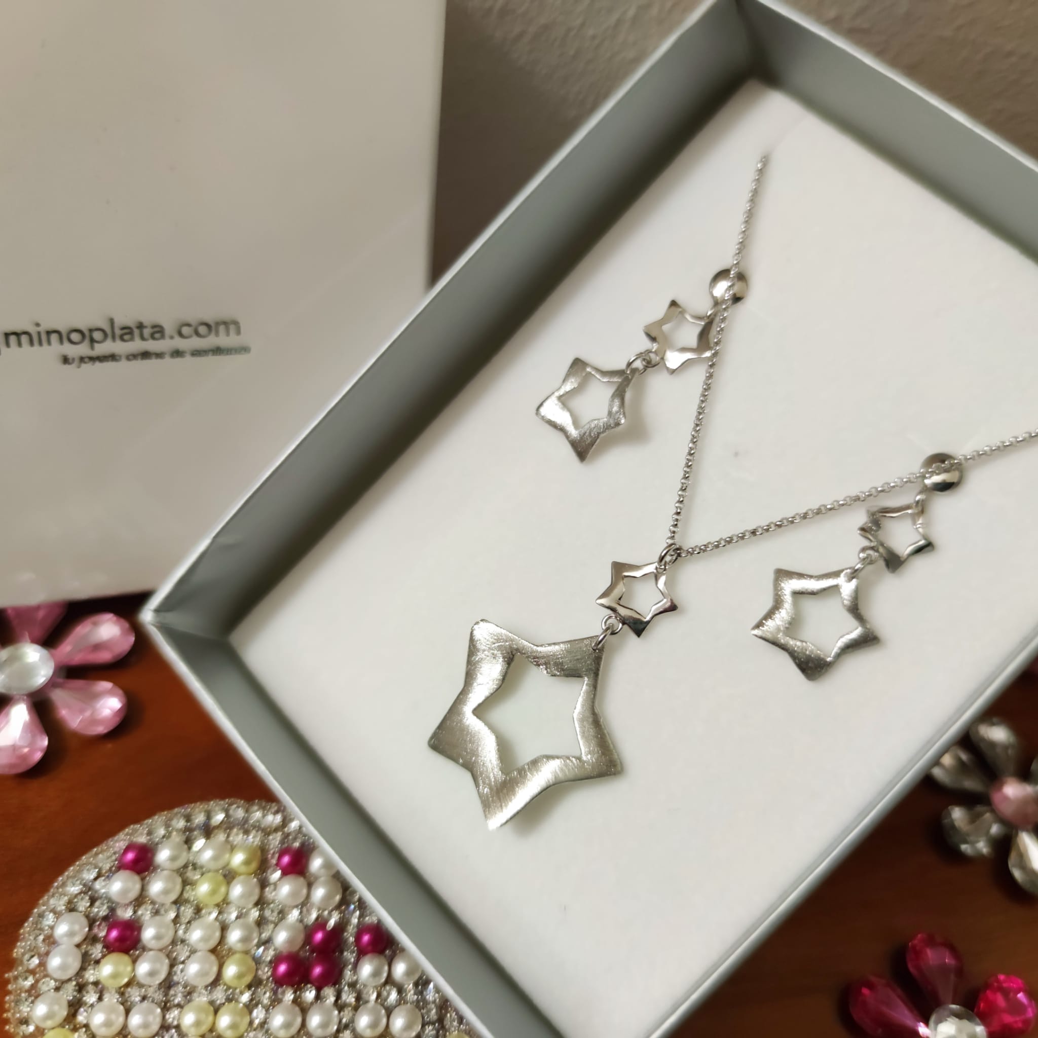 Aderezo Pendientes y Collar estrella de Plata de ley mate-brillo 1